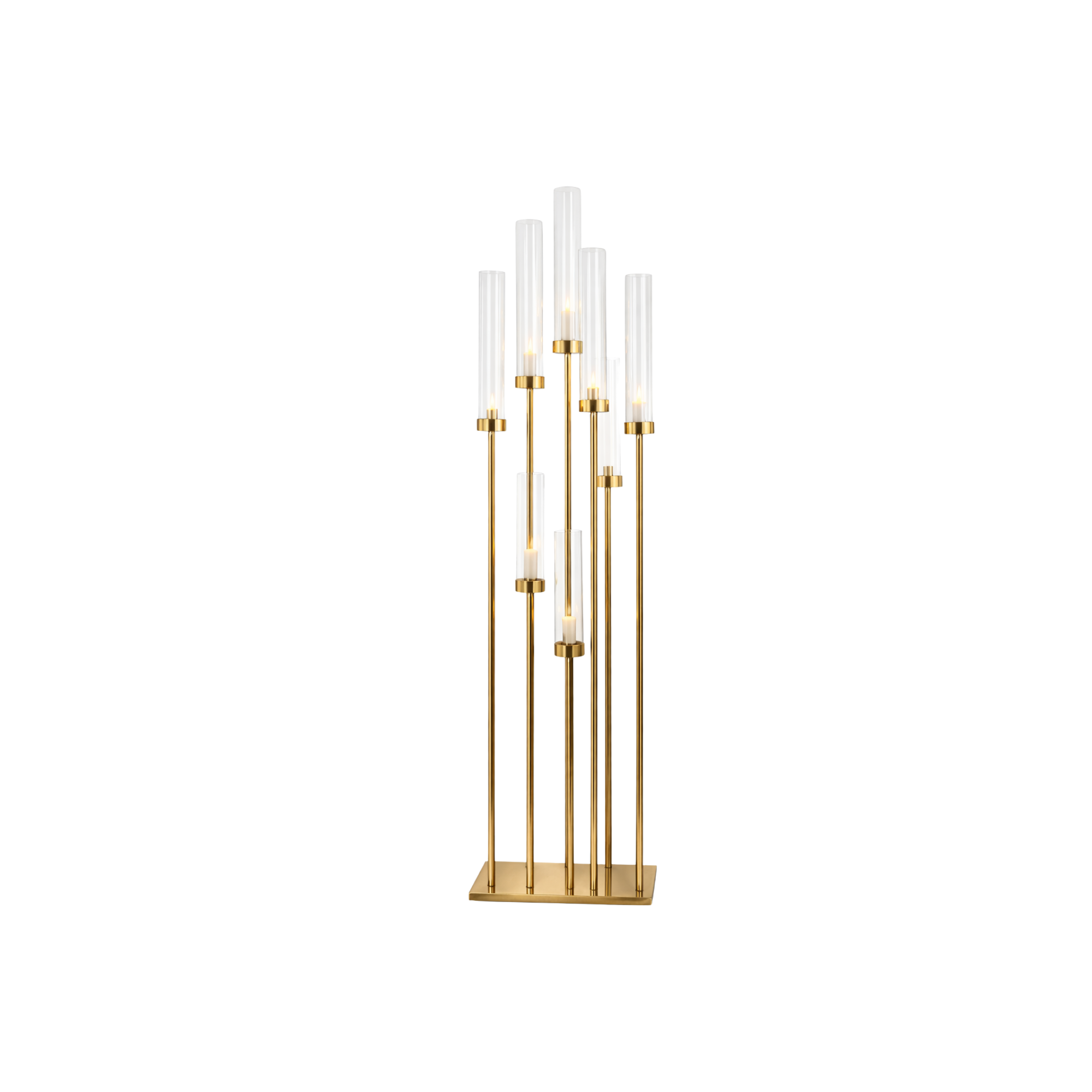 Gold 10- Head Candle Stand 46” with Glass Cylinders