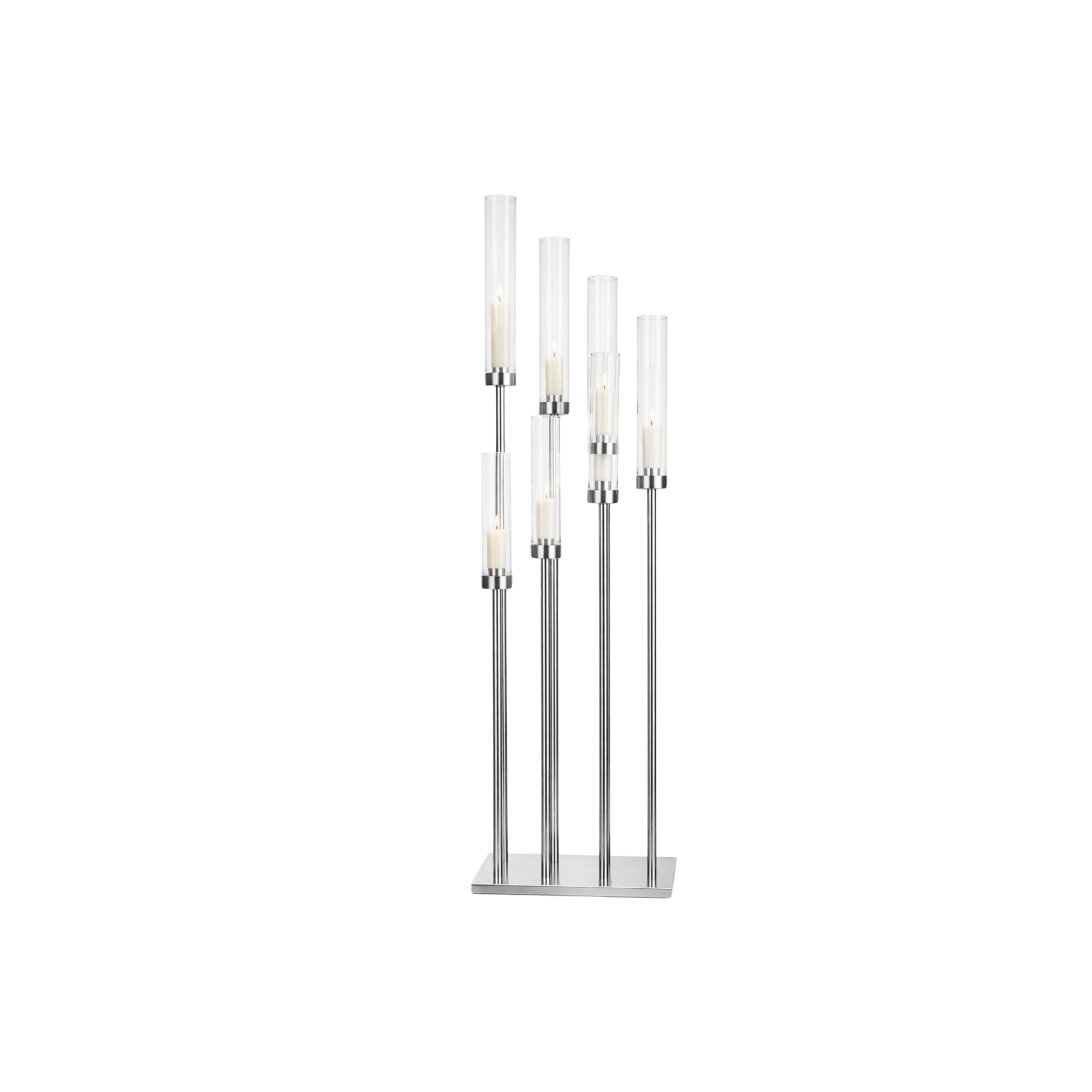 Silver 8-Head Candle Stand 42” with Glass Cylinders