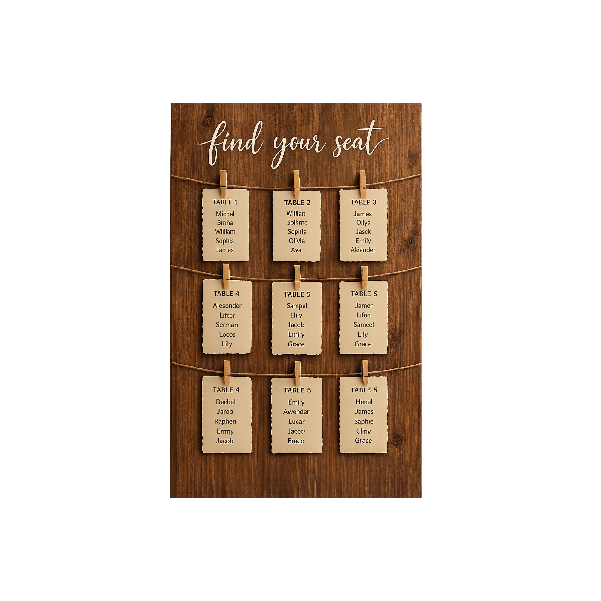 Wooden «Find Your Seat» Sign w/Сlothespins