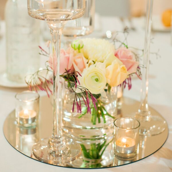Pedestal stand table centrepiece with flowers and Mirror plate FOR HIRE