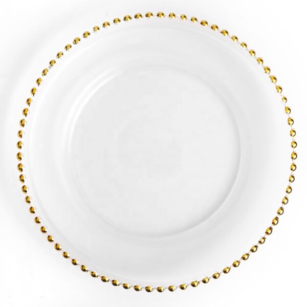 Gold glass beaded charger plate for hire 500 available 